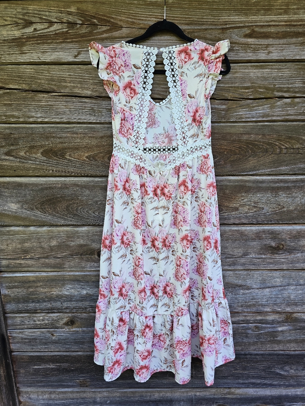Shein Floral Lace Trim Midi Dress Size M Pink Boho Cottagecore - Picture 2 of 4
